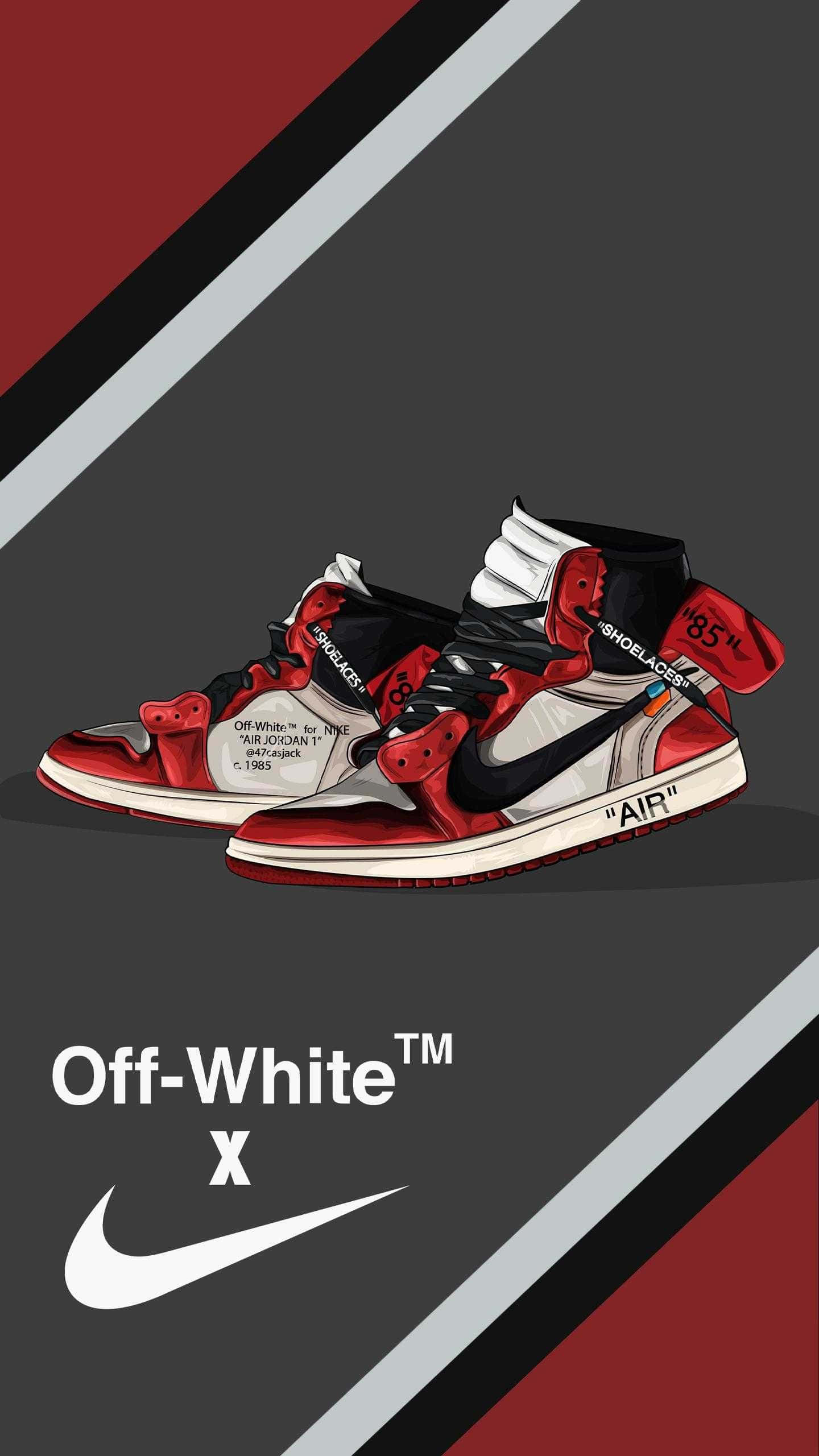 Sneaker 桌布 壁紙 — 一雙紅白黑色的Off-White x Nike Air Jordan 1運動鞋，在深灰色背景上有大膽的對角線條紋。