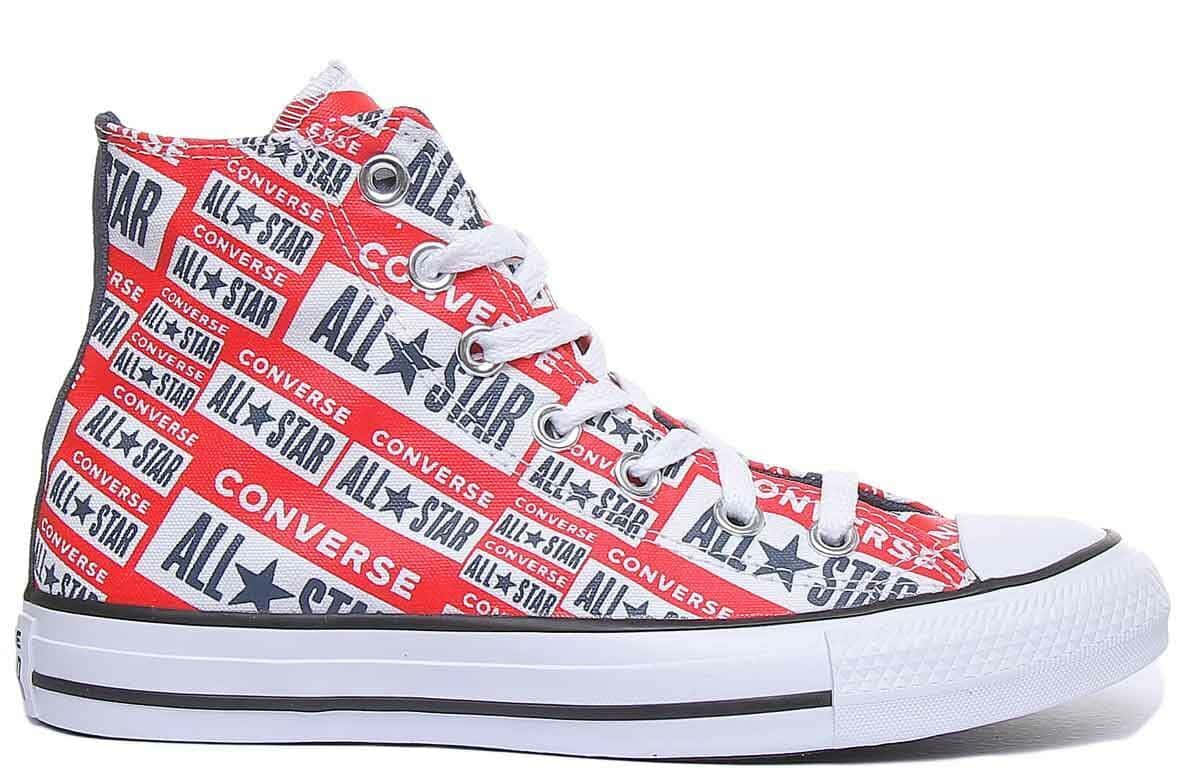 Converse 桌布 壁紙 — 一雙紅白黑高筒Converse運動鞋，上面佈滿重複的All Star標誌，背景是純白色。