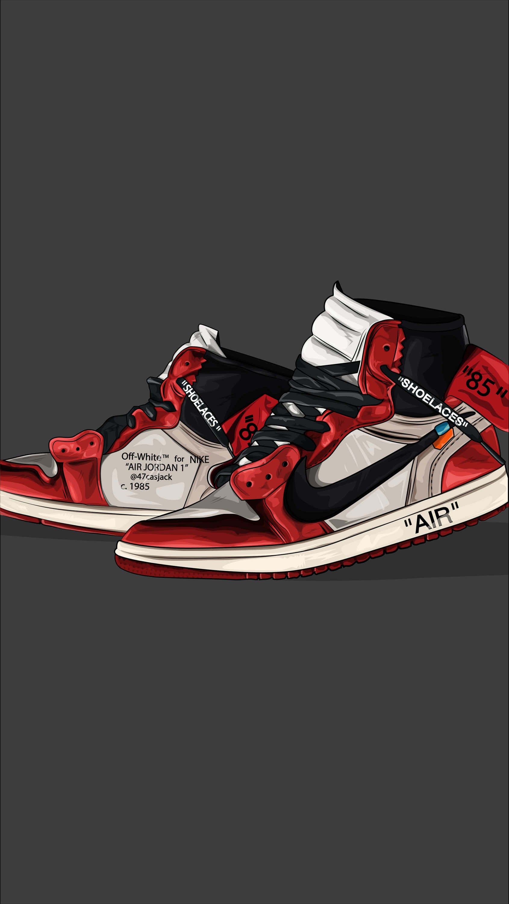 Sneakers 桌布 壁紙 — 一雙紅白黑高筒運動鞋，帶有粗體文字細節，背景為深灰色。