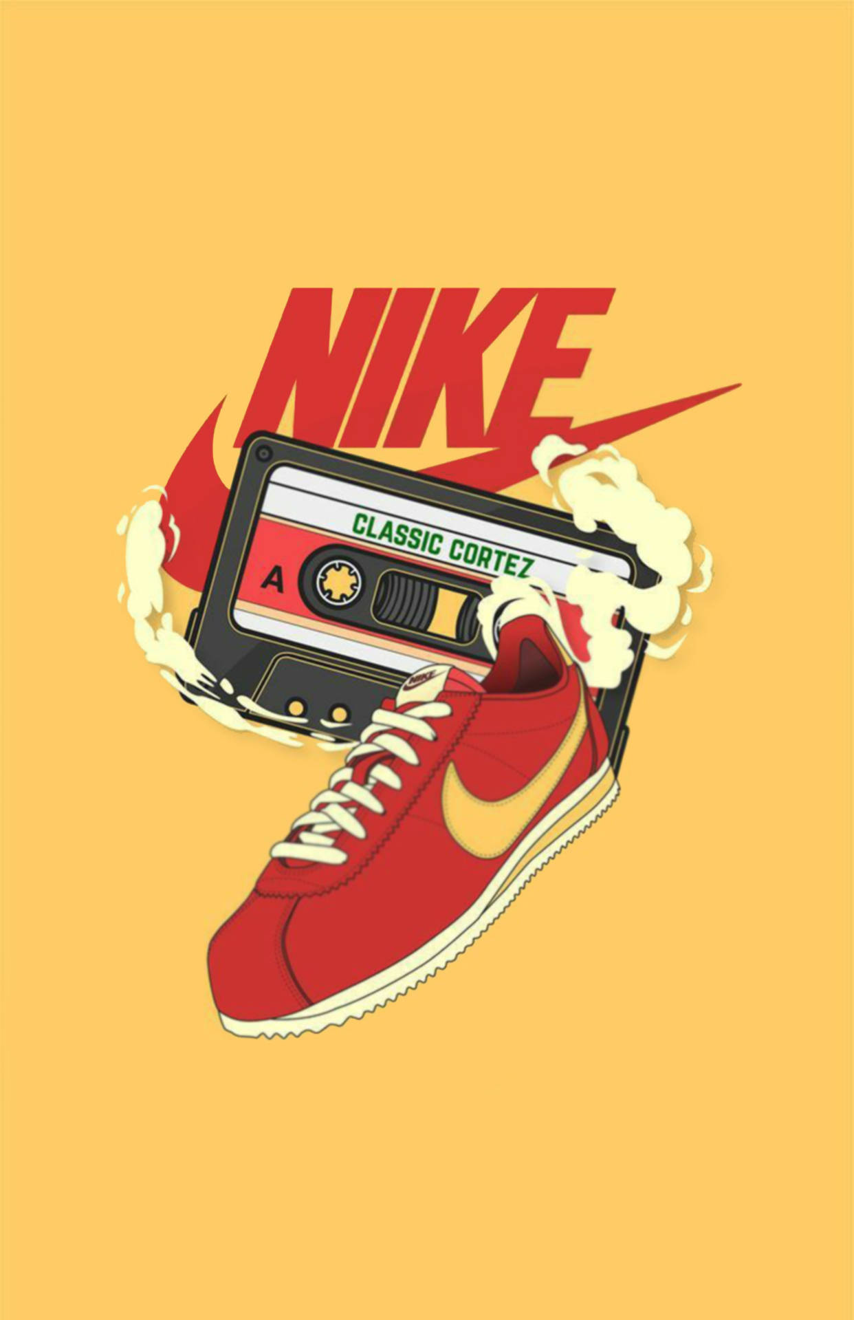 卡通鞋子 桌布 壁紙 — 一雙紅色Nike Classic Cortez運動鞋從卡式錄音帶中爆出，帶有煙霧效果，背景為純黃色。