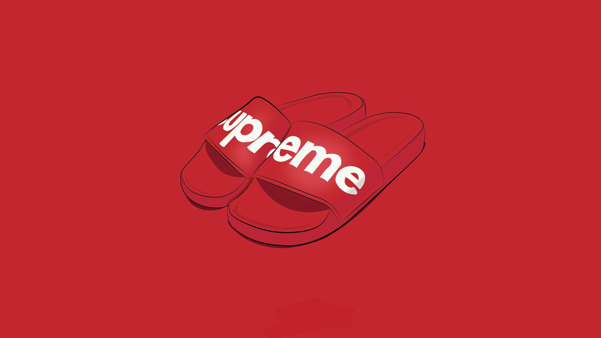 supreme 桌布 壁紙 — 一雙紅色Supreme品牌拖鞋，帶有白色標誌，居中放在純紅色背景上。