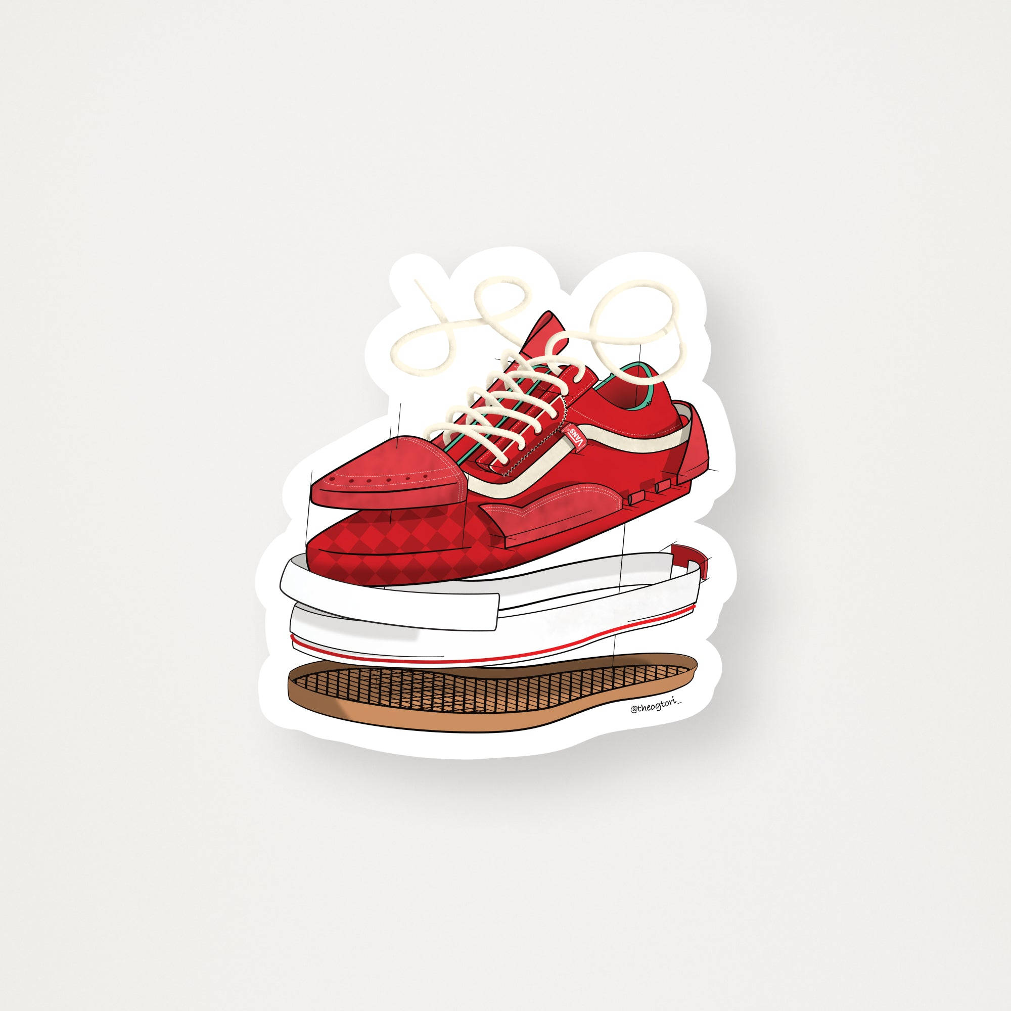Vans 桌布 壁紙 — 一雙紅色Vans運動鞋，配有白色鞋帶和棕色鞋底，以貼紙風格剪裁插圖呈現在純色背景上。