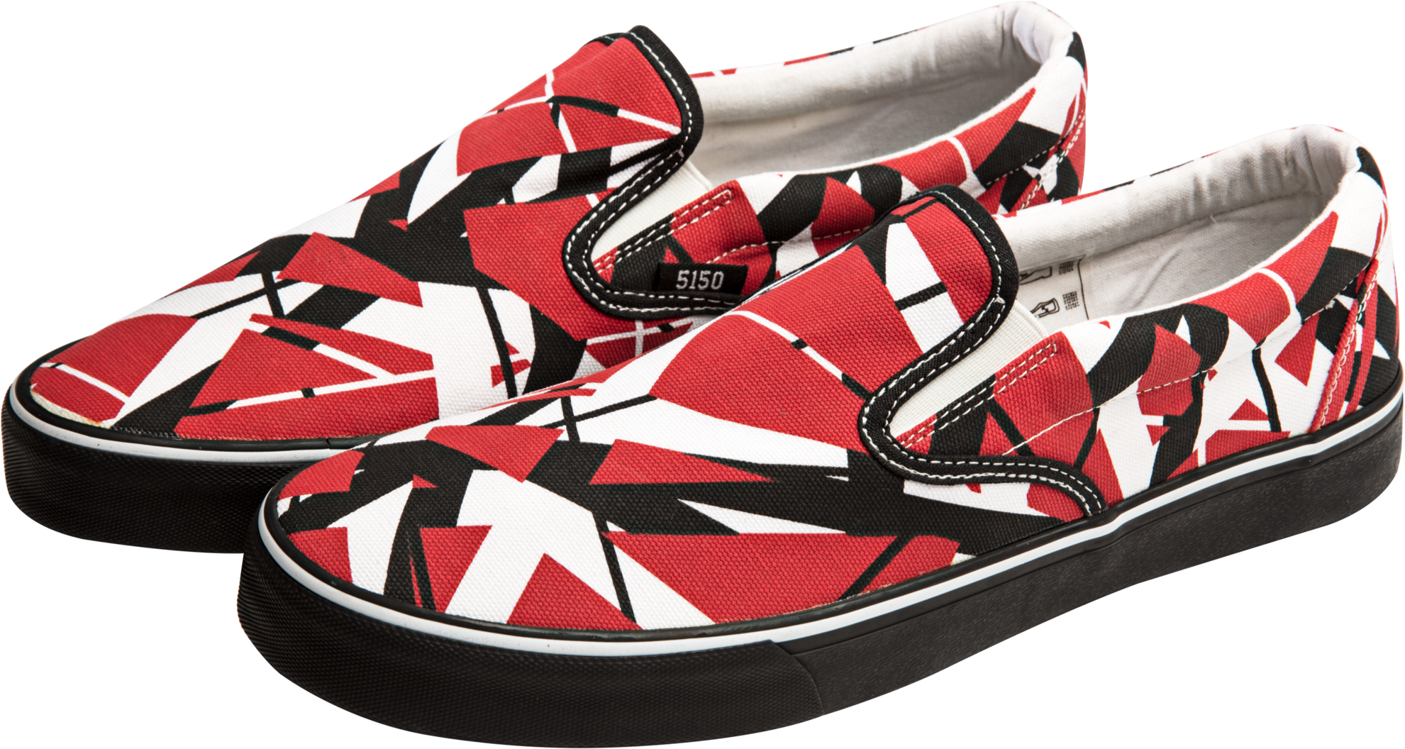 Vans 桌布 壁紙 — 一雙紅黑白色幾何圖案 slip-on 運動鞋，黑色橡膠鞋底，白色縫線。