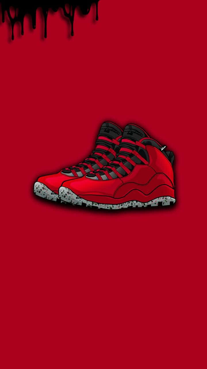 Red Shoes 桌布 壁紙 — 一雙紅黑高筒運動鞋，鞋底有斑點，置於大膽的紅色背景上，頂部有黑色滴落效果。