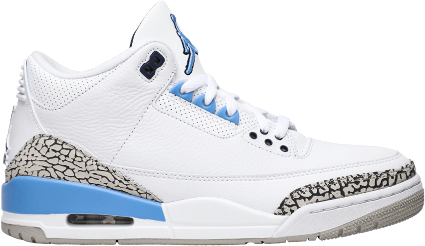 Air Jordan 桌布 壁紙 — 一雙純白Jordan 3運動鞋，帶有淺藍色點綴和象紋覆蓋層，置於黑色背景前。