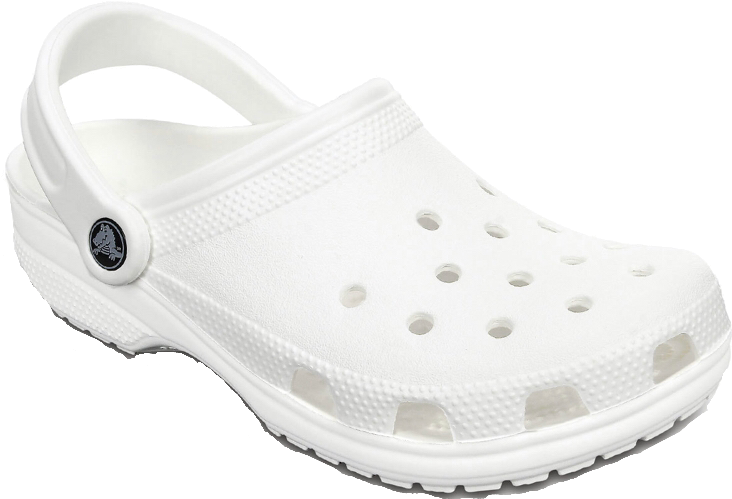 Crocs 桌布 壁紙 — 一雙純白色Crocs木屐鞋，在透明背景上獨立展示，展現其標誌性的穿孔設計和紋理鞋底。