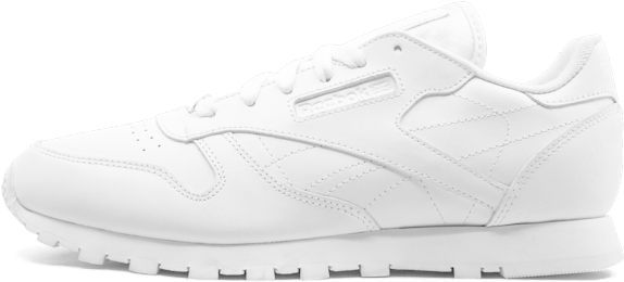 銳步 桌布 壁紙 — 一雙純白色的 Reebok Classic 運動鞋，以乾淨的側面輪廓展示在透明背景上。