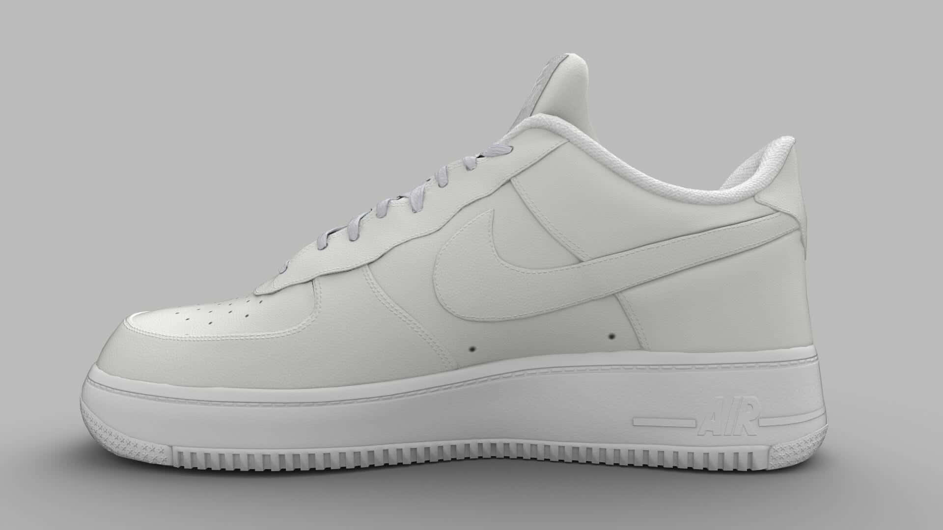 桌布 壁紙 — 一雙純白色的Nike Air Force 1運動鞋，在乾淨的攝影棚燈光下，以中性灰色背景展示。