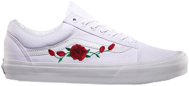 Vans 桌布 壁紙 — 一雙純白色的低筒運動鞋，飾有鮮豔的紅色刺繡玫瑰和綠色莖幹，背景是鮮明的黑色。