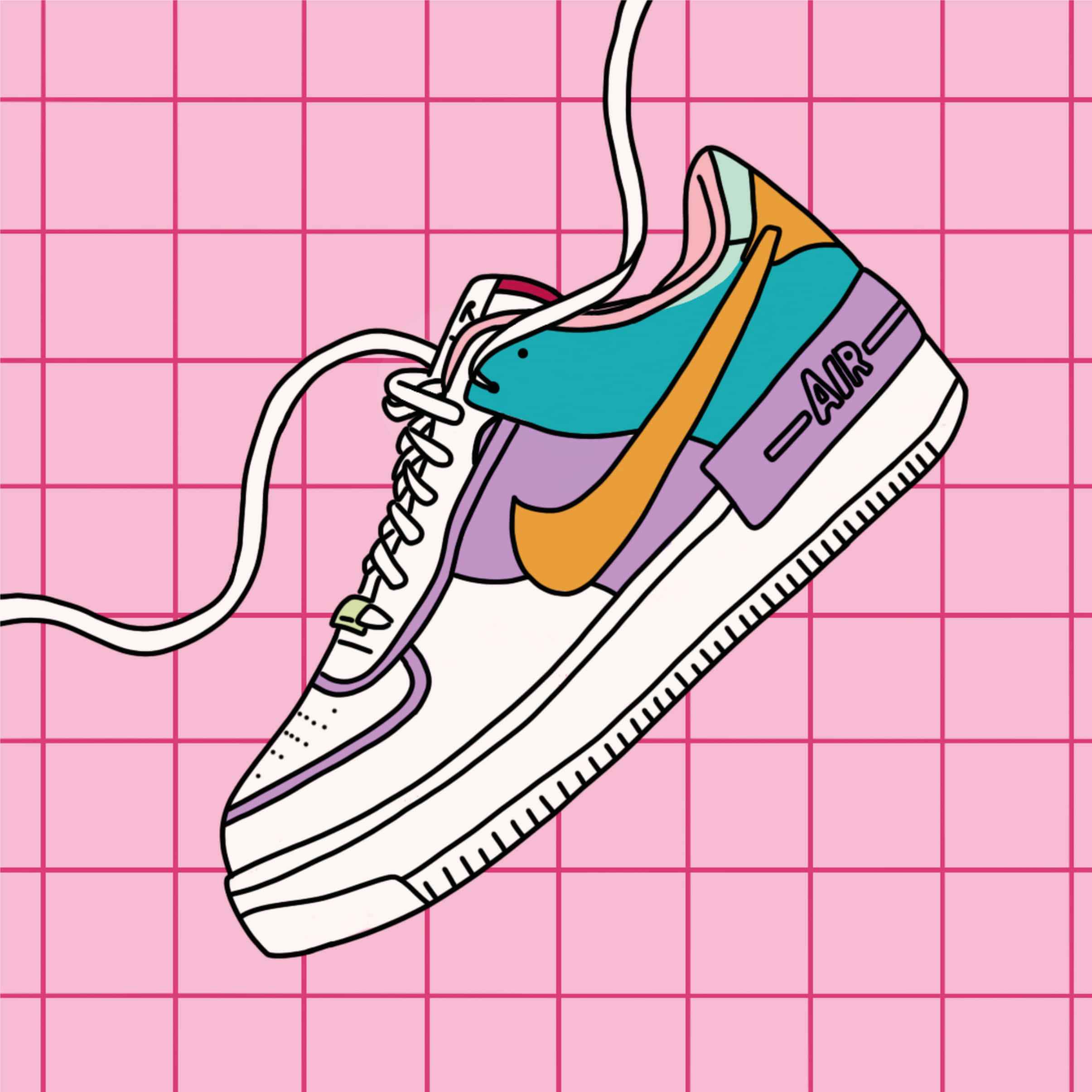 Cute Shoes 桌布 壁紙 — 一雙色彩繽紛的插畫運動鞋，帶有橙色勾勾和紫色點綴，漂浮在粉紅色網格背景上。