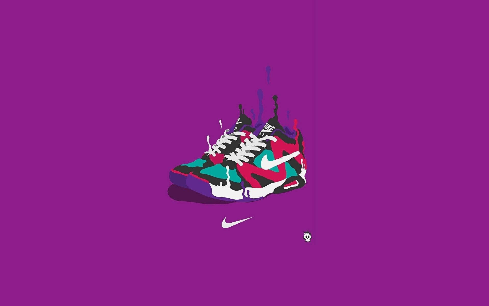 Nike 桌布 壁紙 — 一雙色彩繽紛的運動鞋，帶有油漆飛濺，在純紫色背景上突出，並有一個小骷髏圖標。