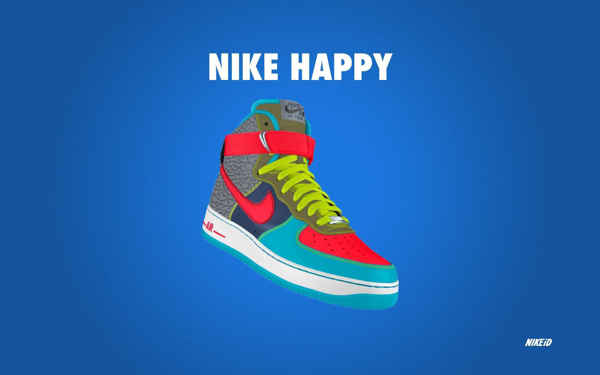 Nike Shoes 桌布 壁紙 — 一雙色彩鮮豔的Nike運動鞋，帶有紅色、萊姆綠色和藍綠色點綴，漂浮在純藍色背景上，並帶有'NIKE HAPPY'文字。