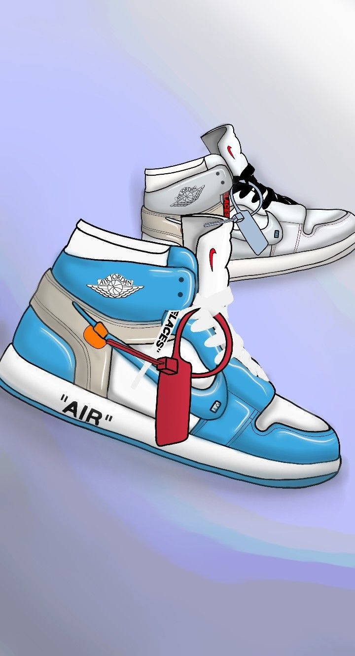 Air Jordan 桌布 壁紙 — 一雙藍白色高筒運動鞋，帶有紅色標籤和橙色鞋帶，背景為柔和紫色漸變。