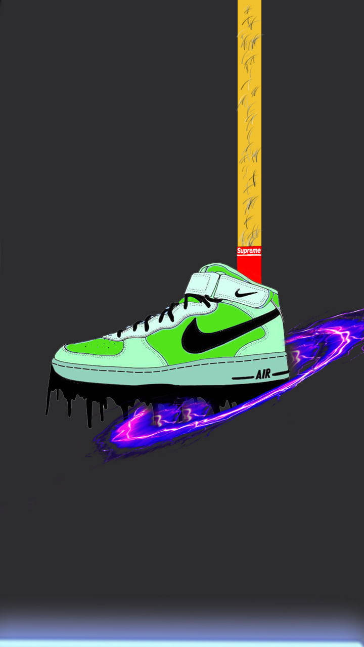 Nike 桌布 壁紙 — 一雙螢光綠色的Supreme x Nike Air運動鞋滴下黑色墨水，在深灰色背景上留下發光的紫色痕跡。