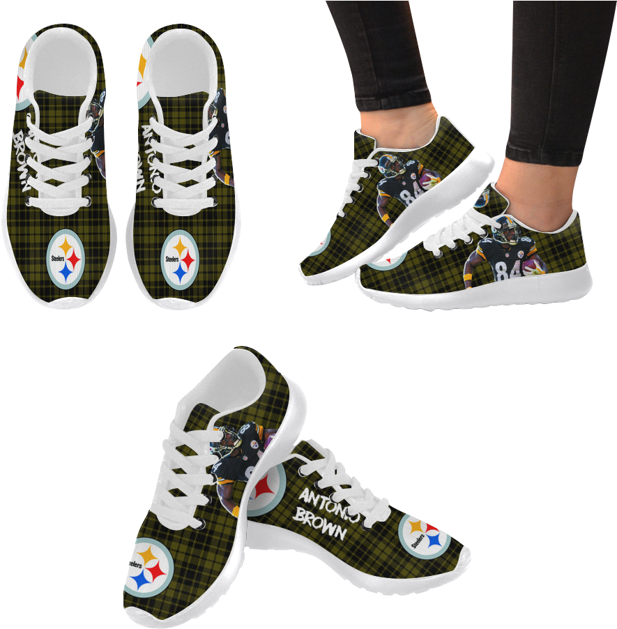 Sneaker 桌布 壁紙 — 一雙運動鞋，帶有匹茲堡鋼人隊的格子圖案和安東尼奧·布朗的球員圖案，分別展示在腳上和單獨展示。