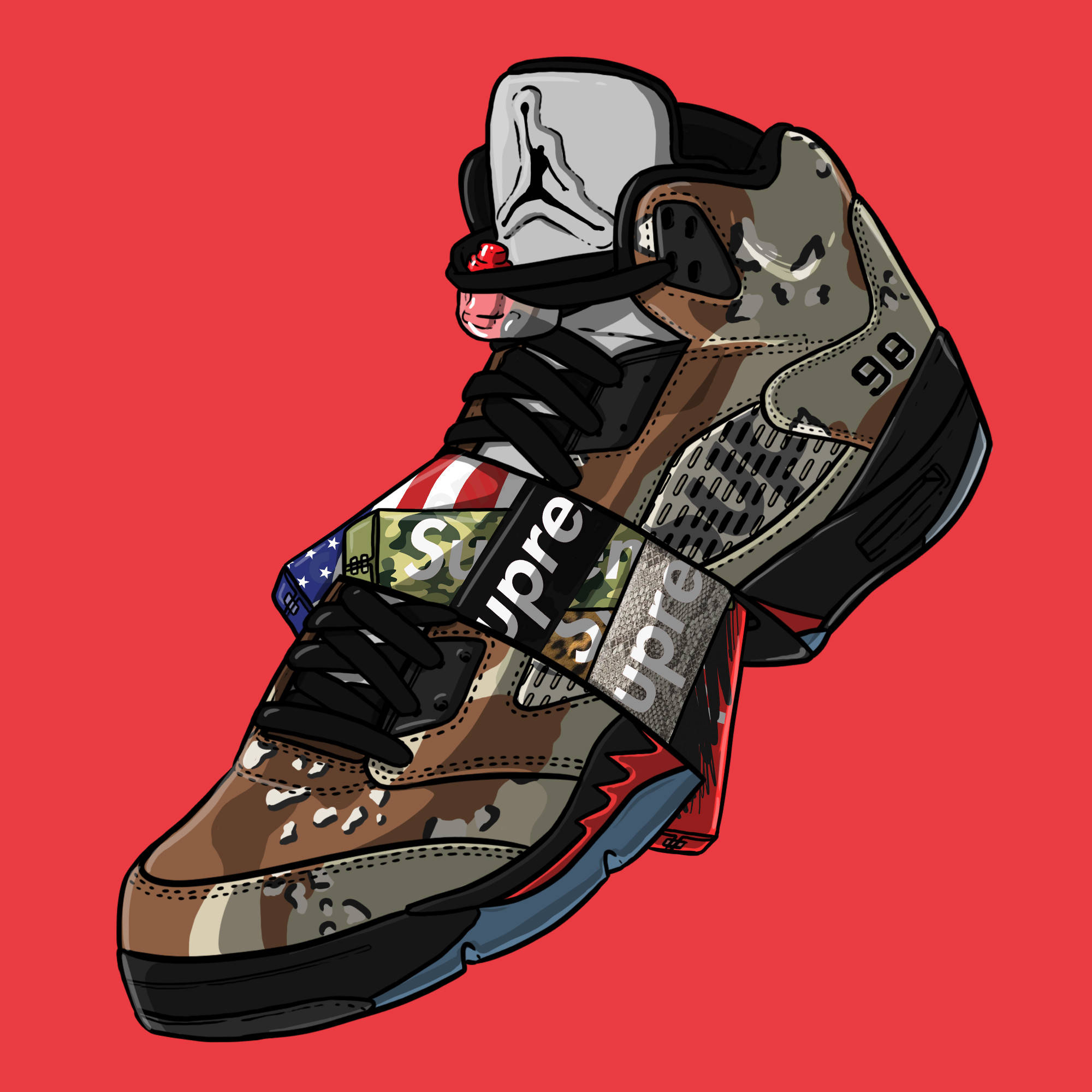 卡通鞋子 桌布 壁紙 — 一雙風格化的Supreme x Air Jordan運動鞋，帶有迷彩和美國國旗點綴，襯以大膽的紅色背景。