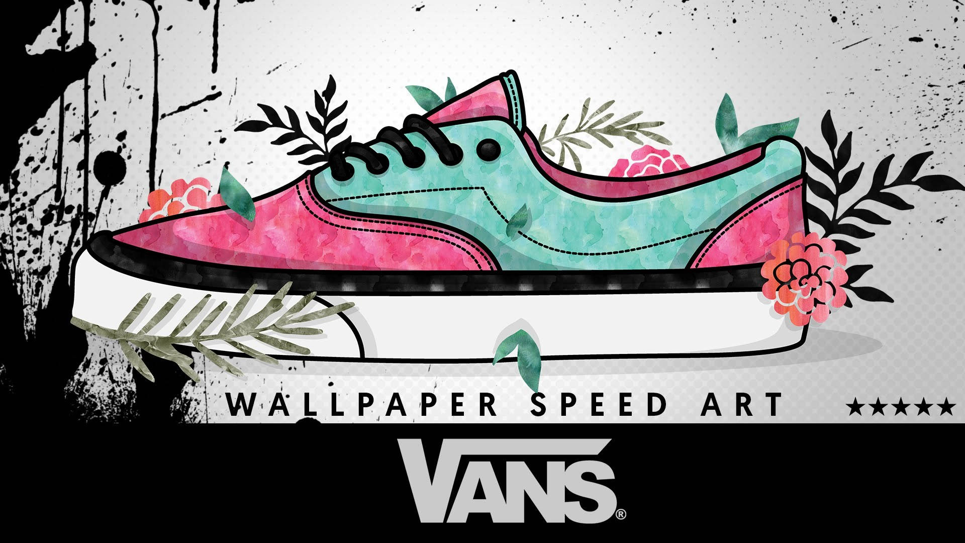 Vans Off The Wall 桌布 壁紙 — 一雙風格化的Vans運動鞋，帶有粉紅色和藍綠色的水彩點綴，周圍環繞著花卉和葉子元素，背景為頹廢風格。