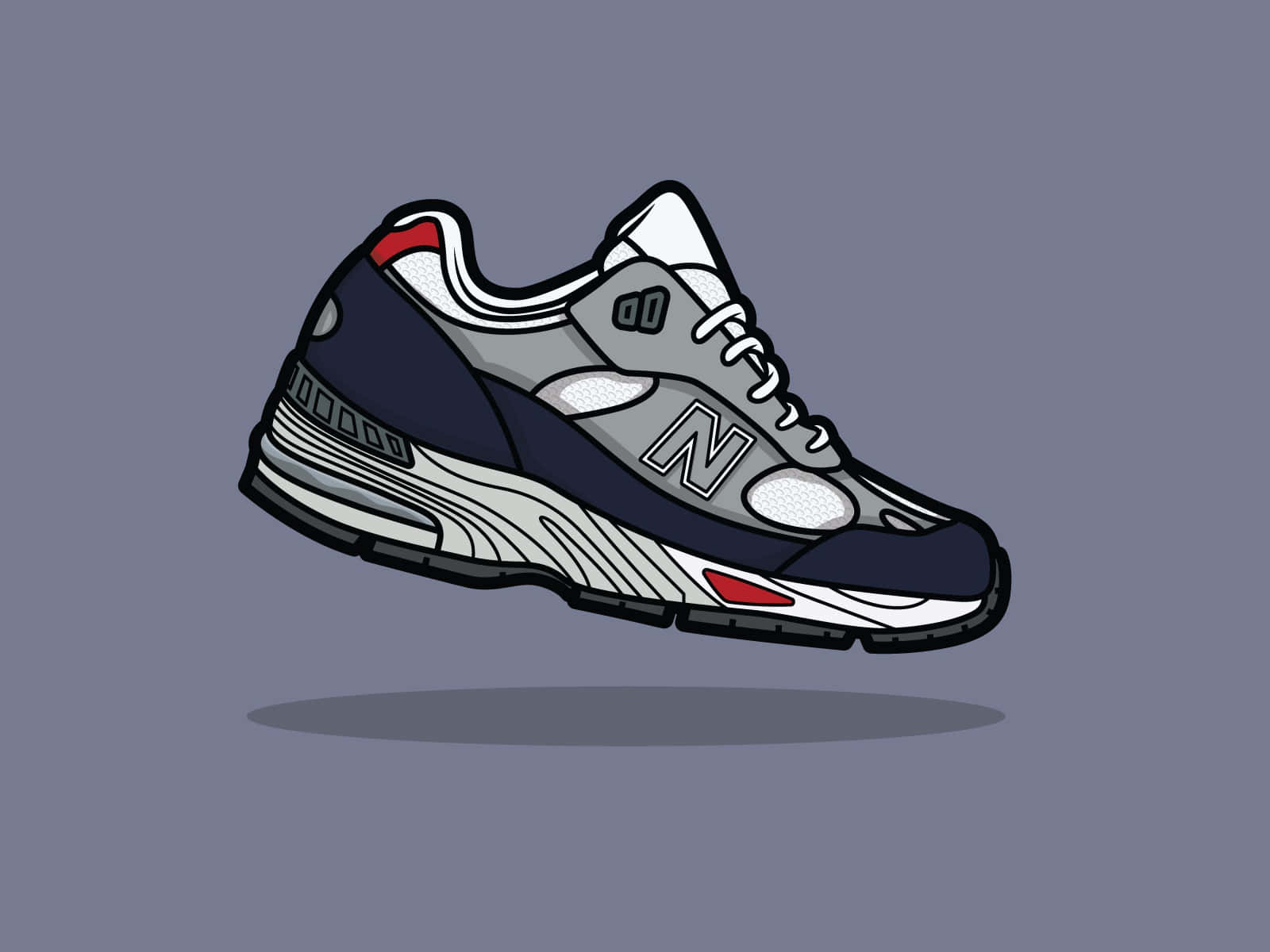 New Balance 桌布 壁紙 — 一雙風格化的插畫運動鞋，帶有海軍藍、灰色、白色和紅色點綴，漂浮在柔和的紫色背景上。