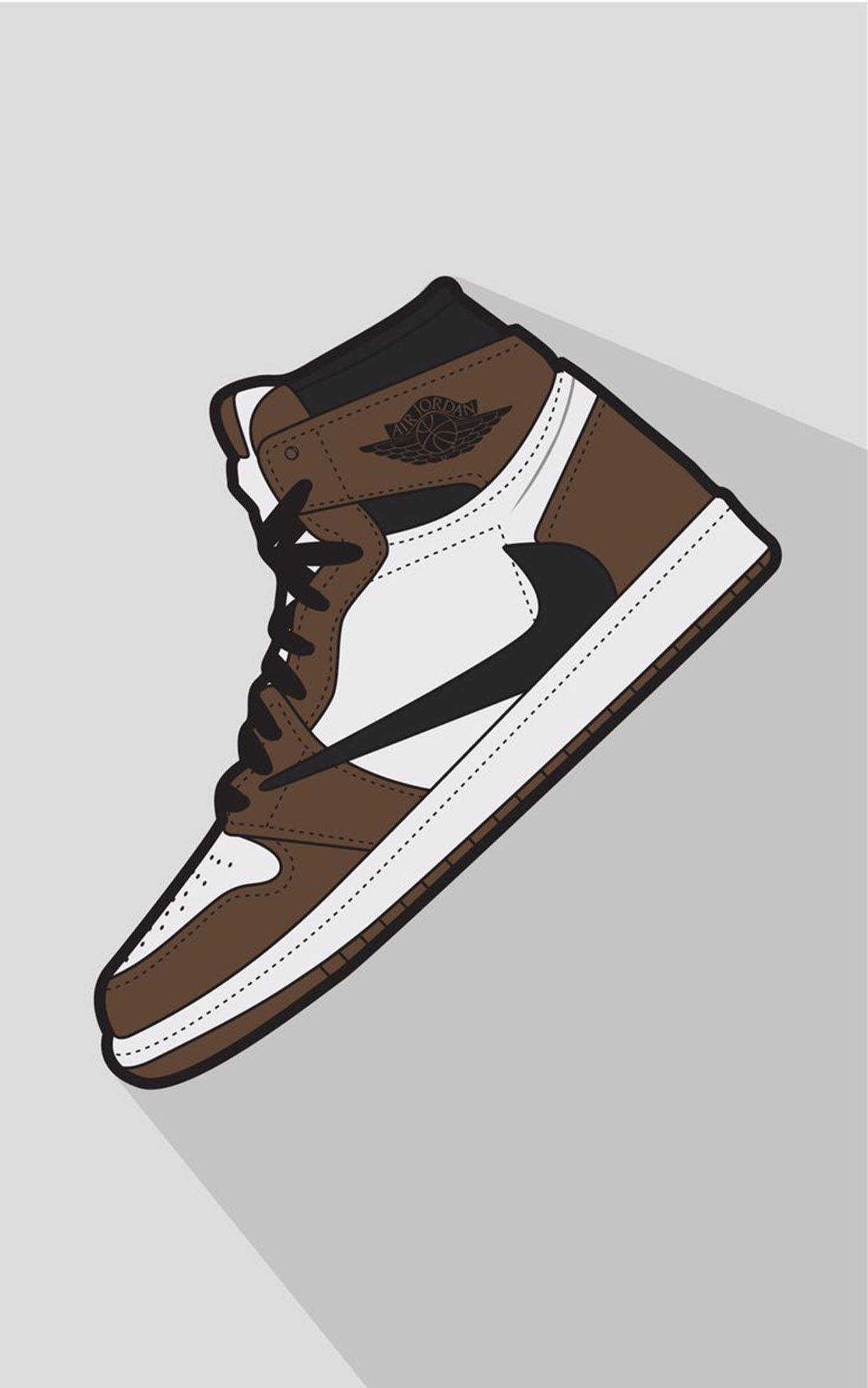 Sneaker 桌布 壁紙 — 一雙風格化的棕白色高筒運動鞋，配有黑色鞋帶和勾勾，背景為淺灰色。