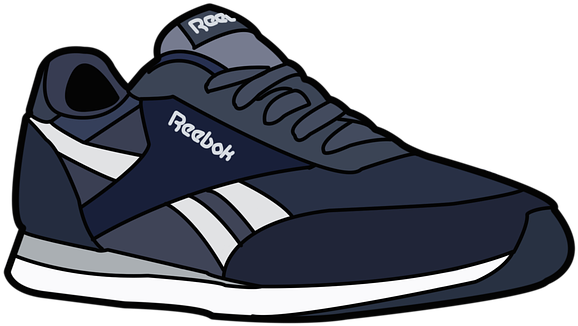 銳步 桌布 壁紙 — 一雙風格化的深藍色 Reebok 運動鞋，帶有白色條紋和鞋帶，在黑色背景上孤立。