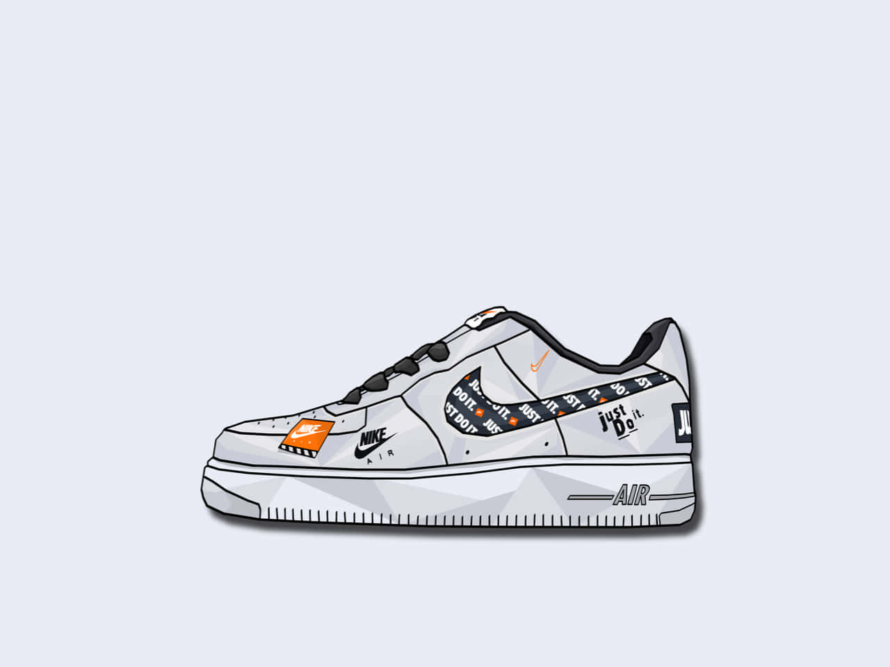 Nike 桌布 壁紙 — 一雙風格化的白色Nike Air Force 1運動鞋，帶有橙色和黑色品牌細節，背景為淺灰色。