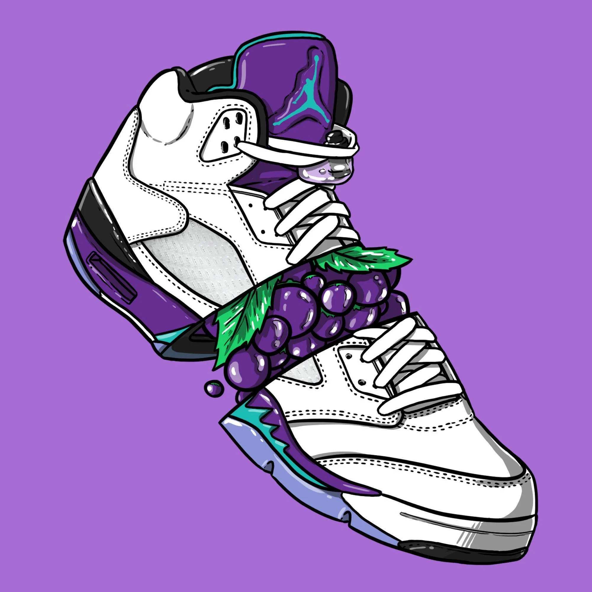 Jordan 桌布 壁紙 — 一雙風格化的白色和紫色運動鞋，鞋帶上長出葡萄藤，背景為純紫色。