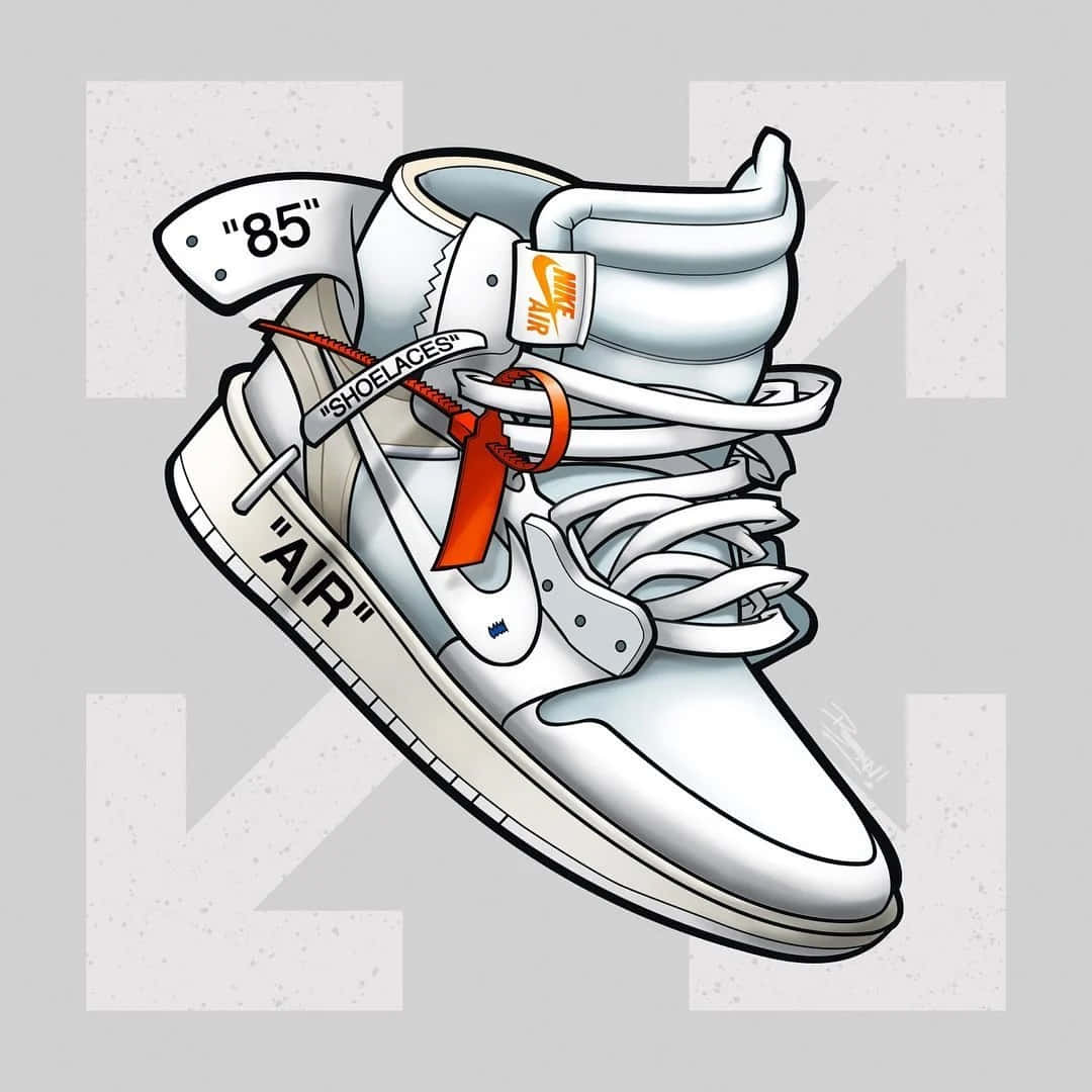 Drawing 桌布 壁紙 — 一雙風格化的白色高筒運動鞋，帶有橙色鞋帶和 'AIR' 品牌標誌，背景為灰色。