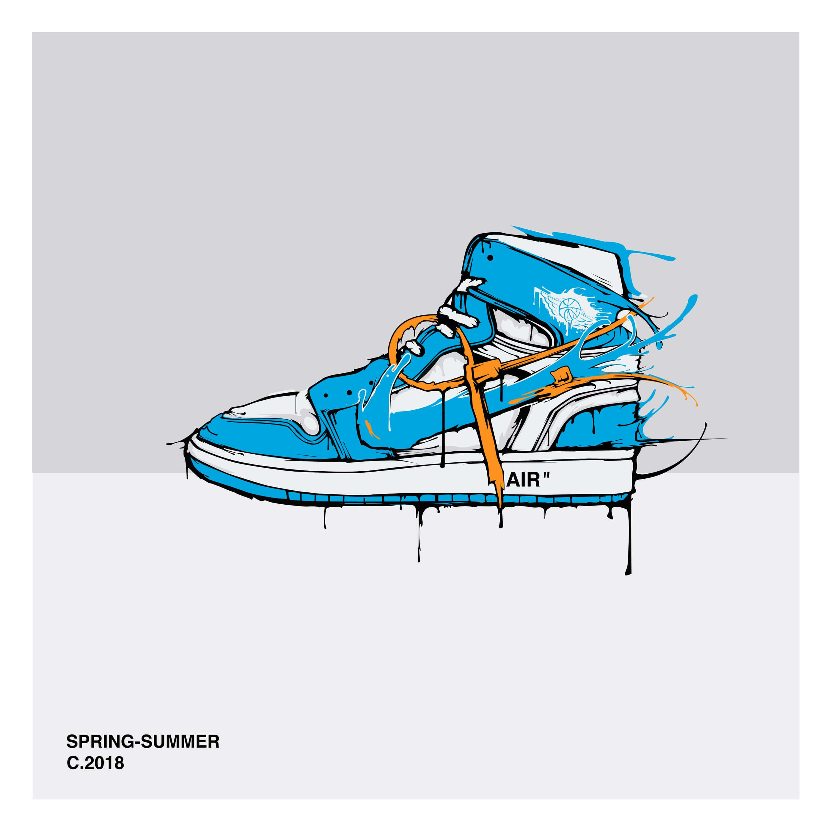 Off White Jordan 1 桌布 壁紙 — 一雙風格化的藍白運動鞋，搭配橙色鞋帶和滴漆效果，背景為灰色。