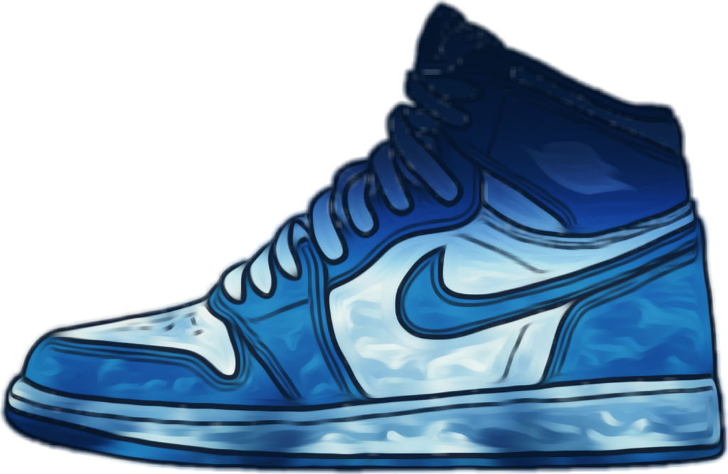 Nike 桌布 壁紙 — 一雙風格化的藍白高筒運動鞋，帶有Nike勾勾，以繪畫般的數位藝術風格呈現在黑色背景上。