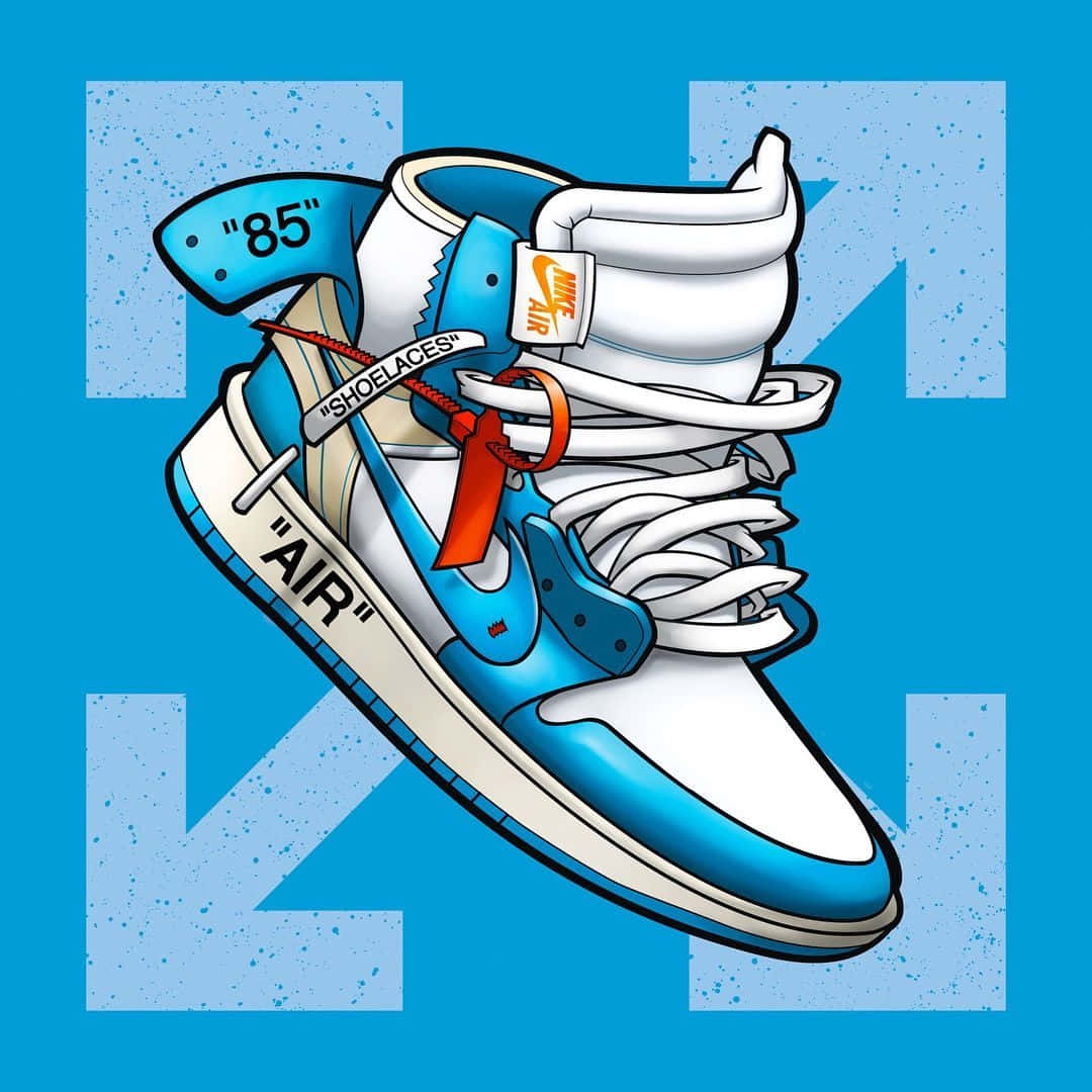 Off White Jordan 1 桌布 壁紙 — 一雙風格化的藍白高筒運動鞋，配有紅色鞋帶和 'AIR' 品牌標誌，背景為斑點藍色。