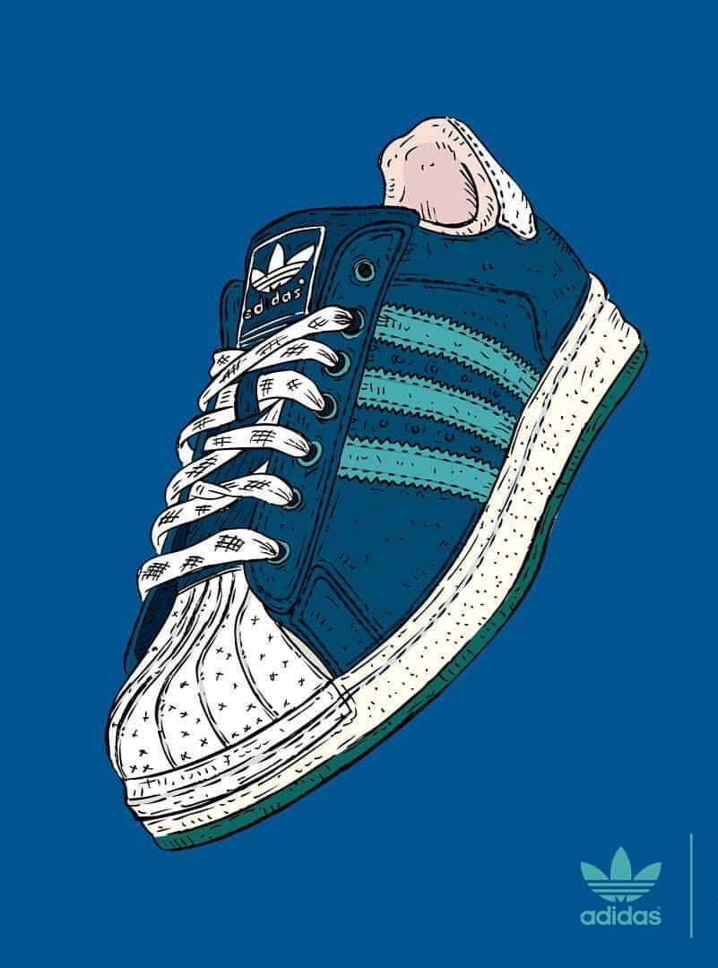Cute Shoes 桌布 壁紙 — 一雙風格化的藍色Adidas運動鞋，配有白色鞋帶和條紋，在純藍色背景上格外突出。