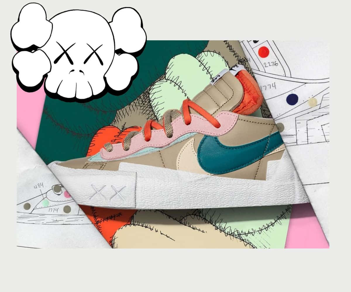 Kaws X Nike 桌布 壁紙 — 一雙風格化的運動鞋，帶有彩色面板和縫線細節，放置在分層的設計草圖和KAWS骷髏標誌之上。
