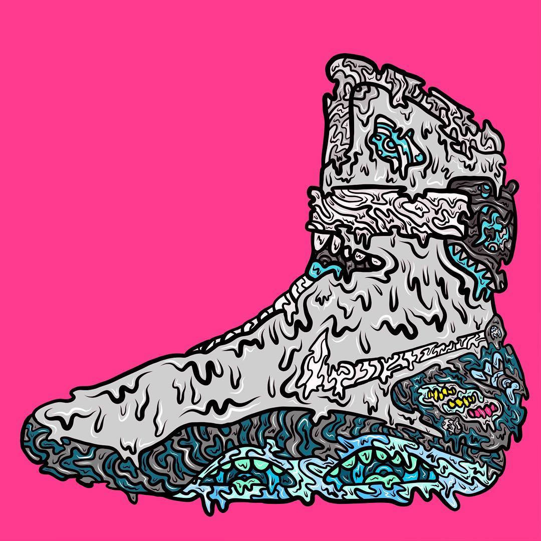 Nike 桌布 壁紙 — 一雙風格化的運動鞋在充滿活力的粉紅色背景下滴落著融化的塗鴉紋理。