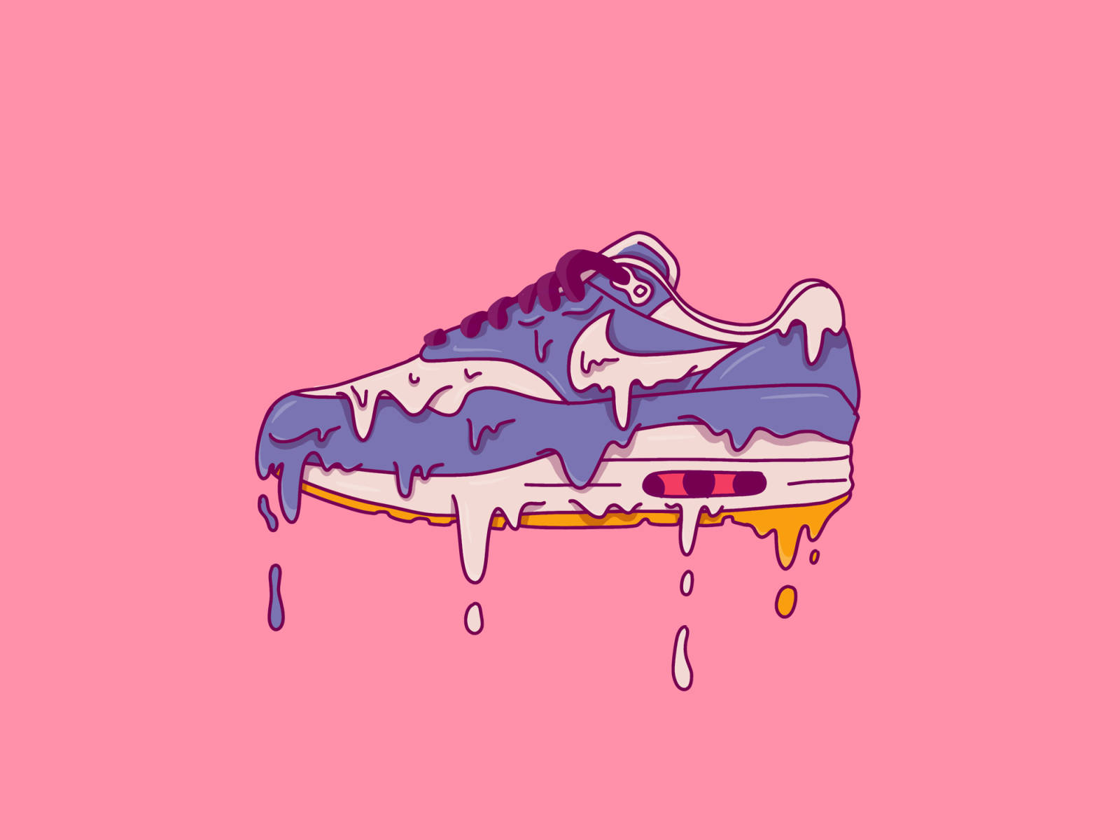 cool shoe 桌布 壁紙 — 一雙風格化的運動鞋在純粉紅色背景上滴落紫色和黃色的黏稠液體。