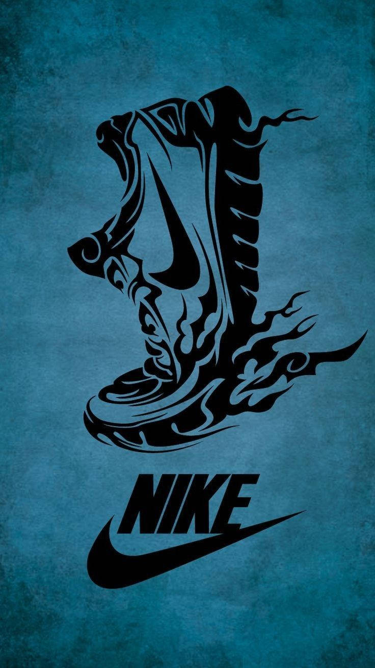 Nike 桌布 壁紙 — 一雙風格化的黑色Nike運動鞋，帶有火焰般的部落圖案，背景為有紋理的青綠色。
