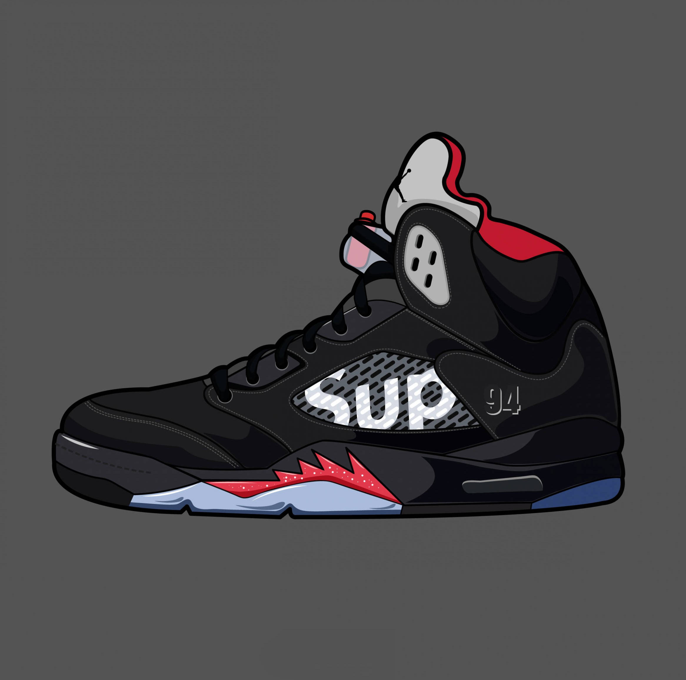 Air Jordan 桌布 壁紙 — 一雙風格化的黑色運動鞋，帶有紅、白、藍色點綴和'SUP 94'品牌標誌，背景為灰色。