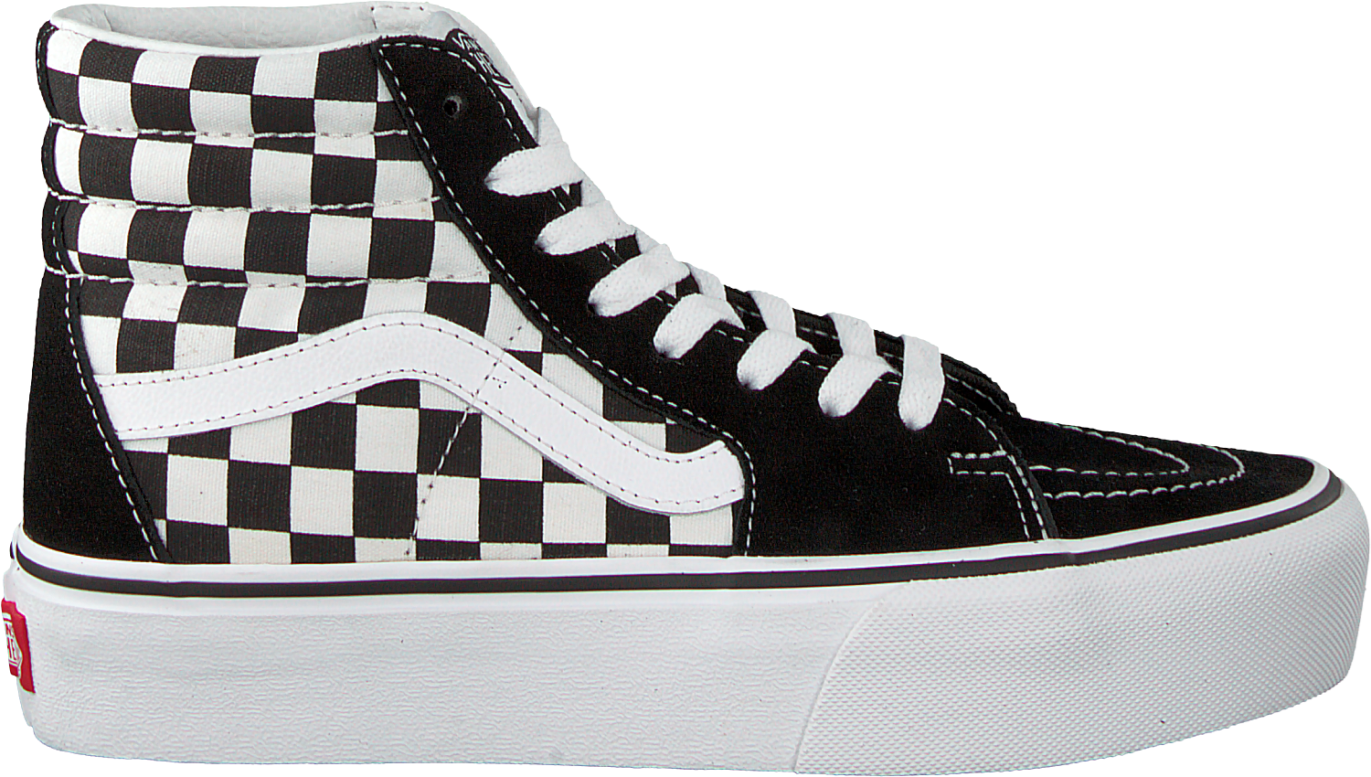 Vans 桌布 壁紙 — 一雙高筒Vans運動鞋，帶有黑白棋盤格圖案，背景為純黑色。