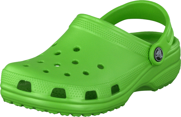 Crocs 桌布 壁紙 — 一雙鮮亮的萊姆綠色Crocs木屐鞋，帶有通風孔和品牌標誌，背景為純綠色。