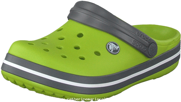 Crocs 桌布 壁紙 — 一雙鮮亮青檸綠色的 Croc 木屐，配有灰色帶子和白色條紋，背景為黑色。
