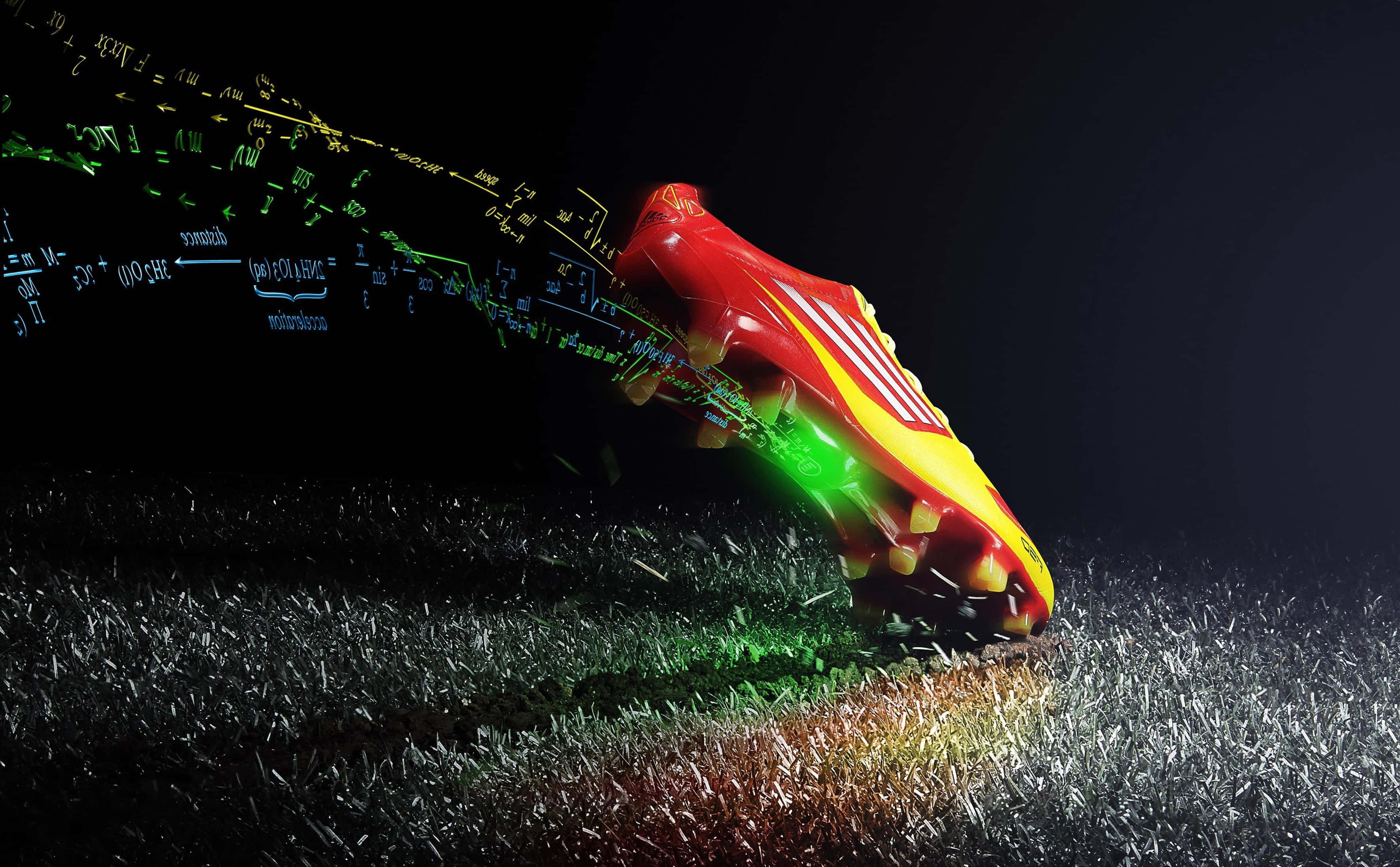 Footwear Design 桌布 壁紙 — 一雙鮮豔的紅黃色足球鞋踢過草地，鞋底飛出發光的綠色方程式，背景為深色。