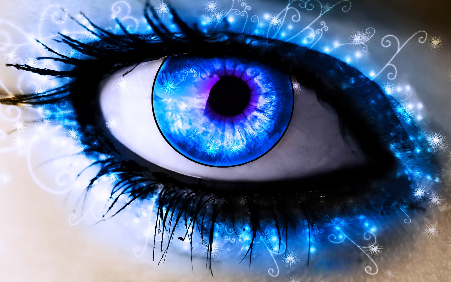 Eye 桌布 壁紙 — 一雙鮮豔藍色眼睛的迷人特寫，閃爍著電光火花和旋轉的光效。