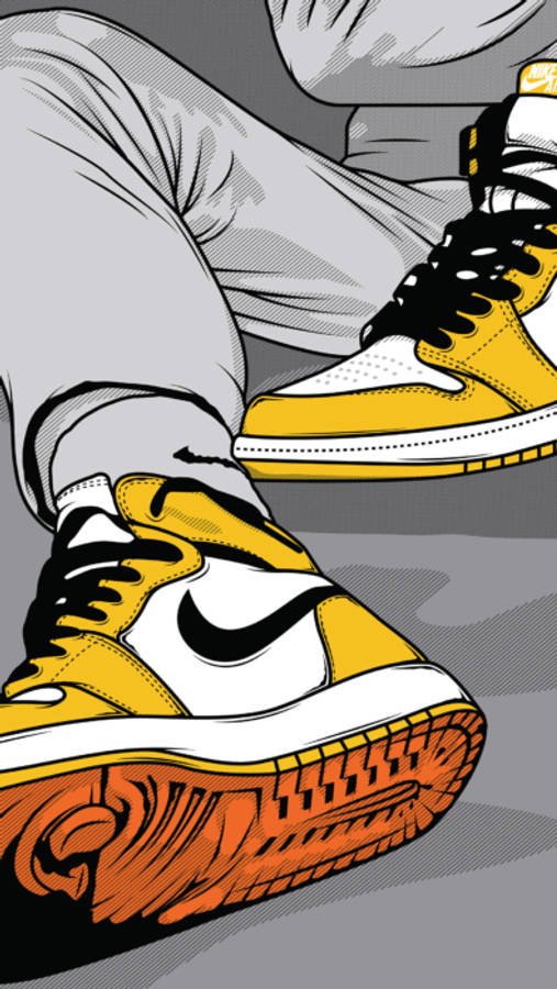 Nike Shoes 桌布 壁紙 — 一雙鮮黃色和橙色的Nike運動鞋，搭配黑色鞋帶，由穿著灰色褲子的人穿著的近距離特寫。