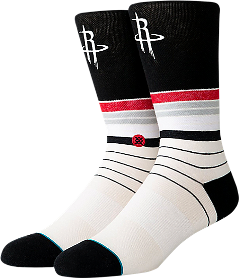 Houston Rockets 桌布 壁紙 — 一雙黑、白、紅條紋襪子，上面有休士頓火箭隊標誌，背景為純黑色。