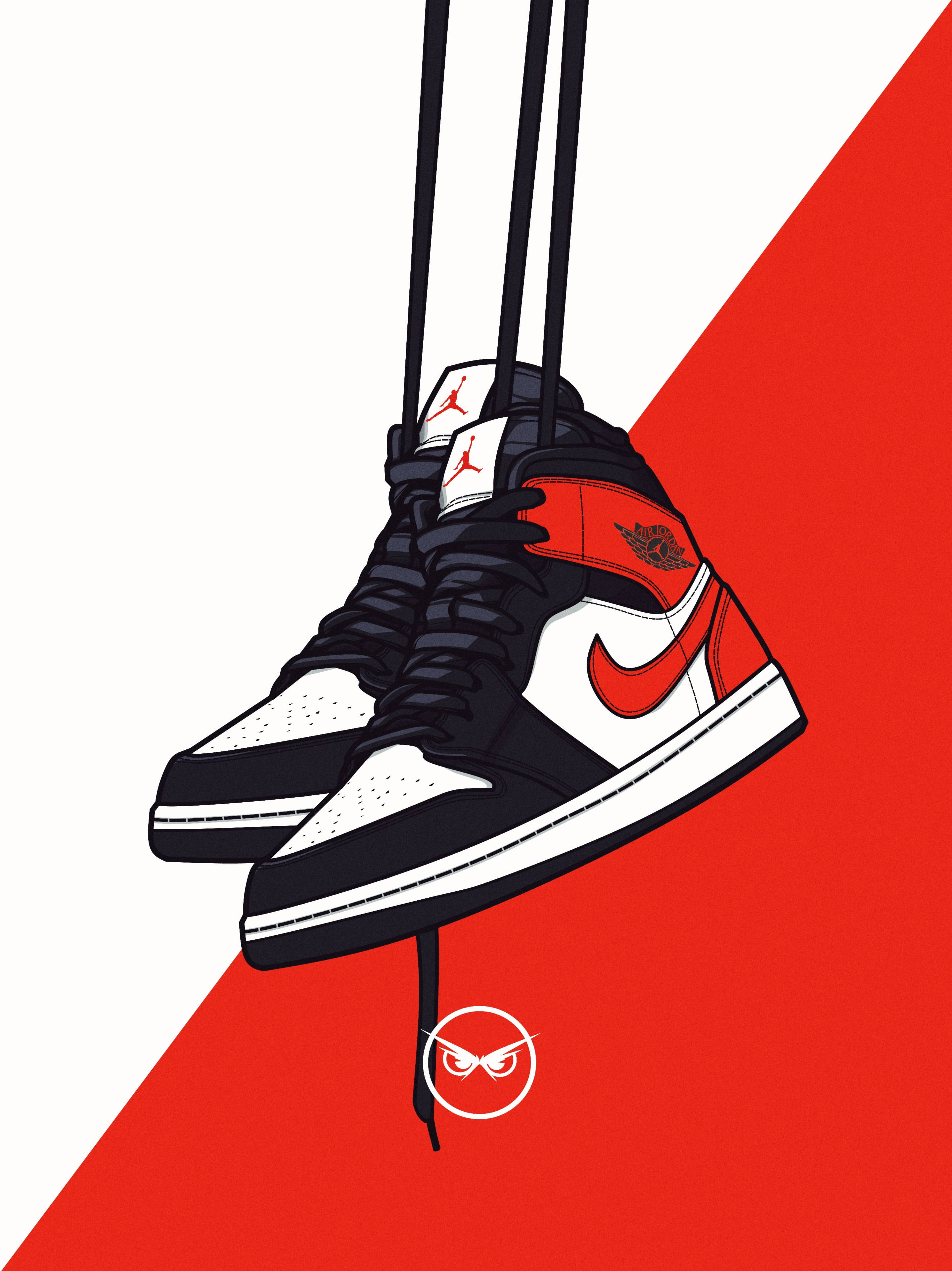 cool shoe 桌布 壁紙 — 一雙黑、白、紅色的Jordan 1運動鞋用鞋帶掛在搶眼的紅白斜紋背景上。