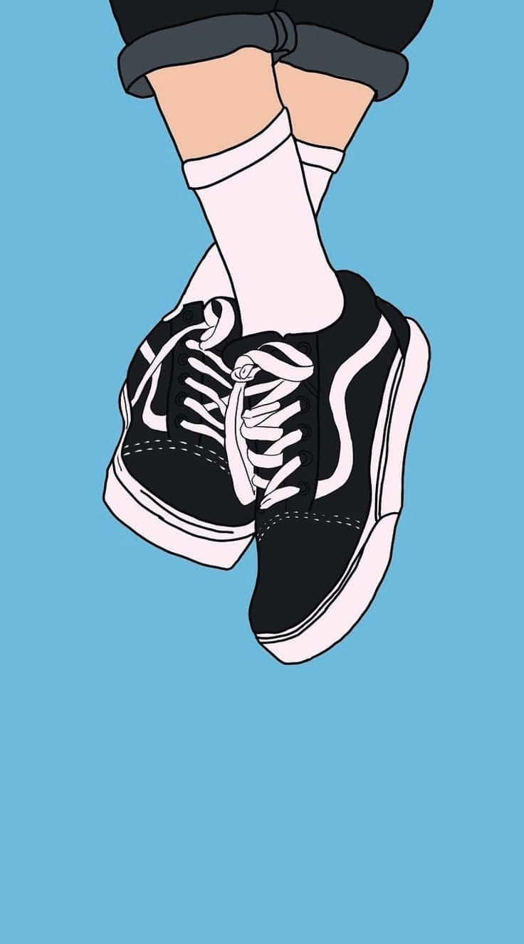 Cute Shoes 桌布 壁紙 — 一雙黑白Vans運動鞋搭配白色襪子和捲起的牛仔褲，背景為純藍色。