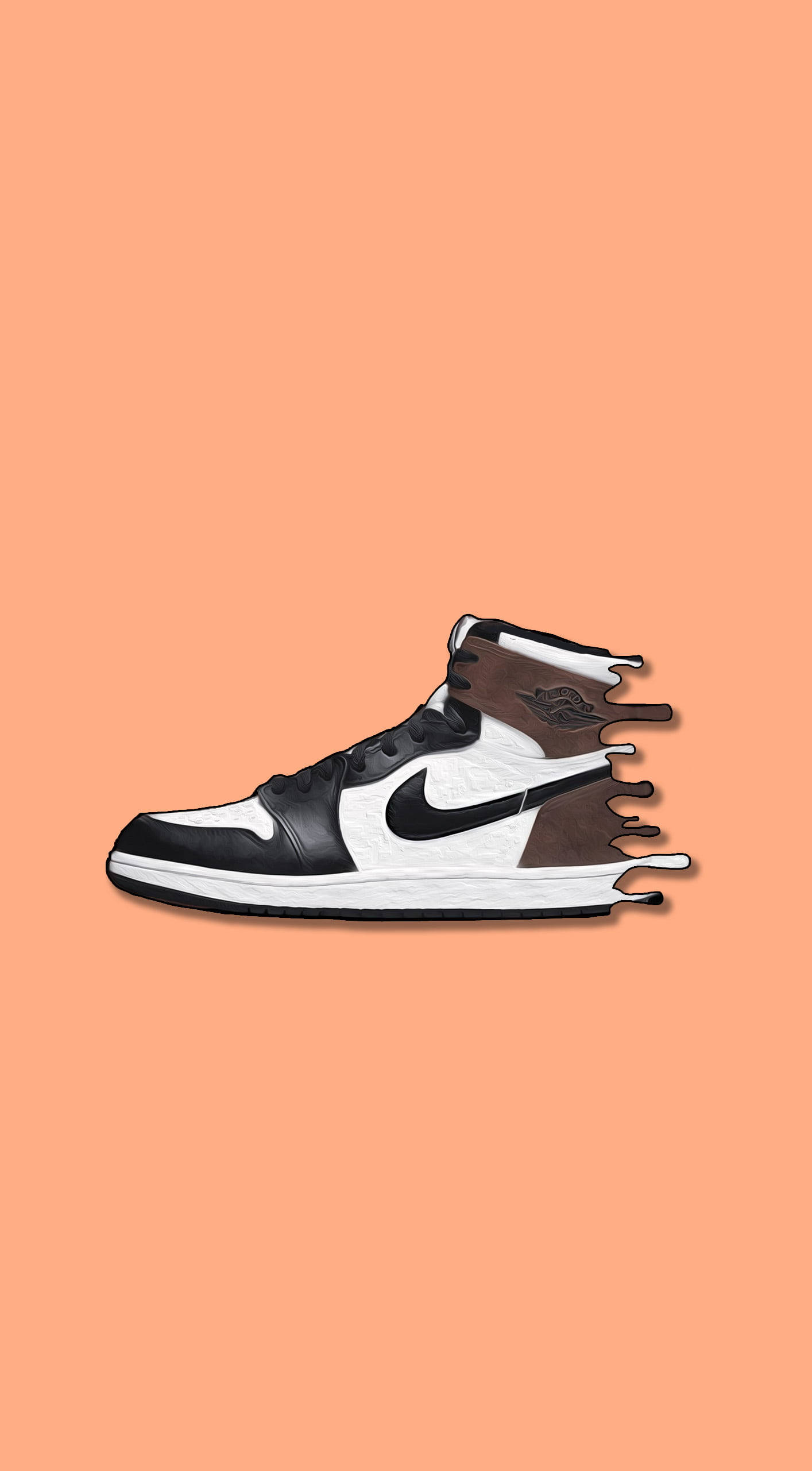 Nike 桌布 壁紙 — 一雙黑白高筒運動鞋帶有棕色點綴，像油漆一樣在純色蜜桃色背景上融化。