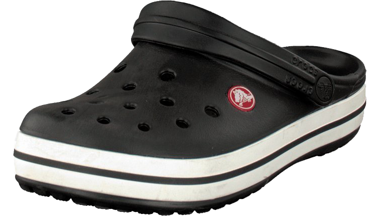 Crocs 桌布 壁紙 — 一雙黑色Crocs木屐，帶有白色條紋鞋底和紅色標誌，孤立在透明背景上。