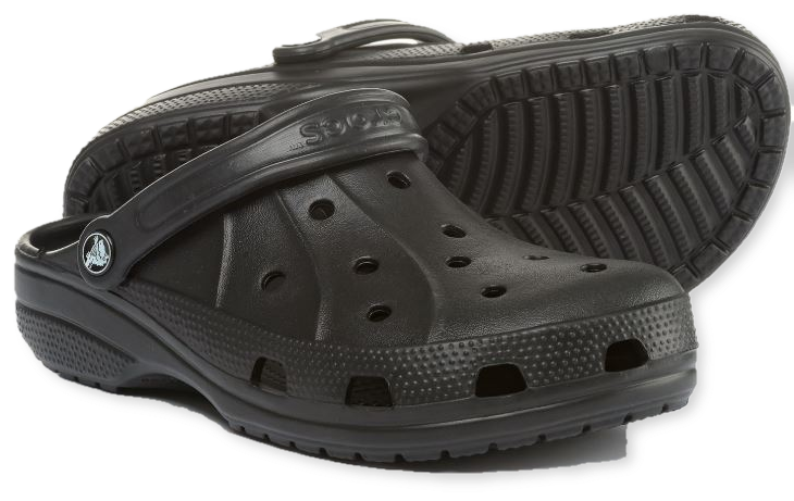 Crocs 桌布 壁紙 — 一雙黑色Crocs木屐以詳細特寫展示，具有紋理鞋底和標誌性通風孔。