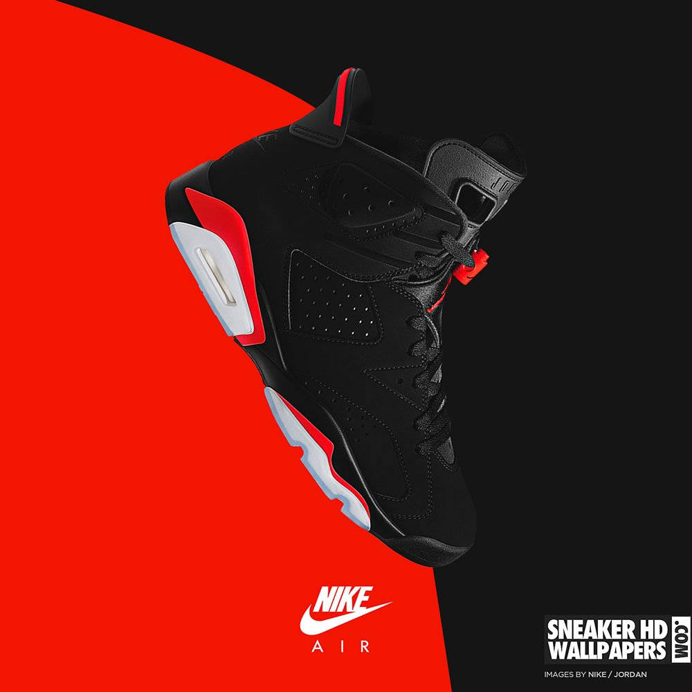Air Jordan 桌布 壁紙 — 一雙黑色Nike Air Jordan 6運動鞋，帶有紅色和白色點綴，漂浮在鮮明的紅色和黑色對角線背景上。