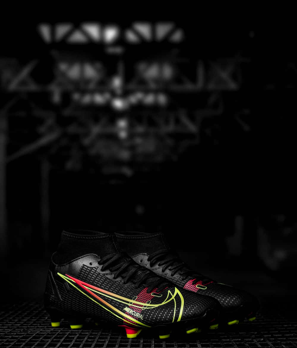 足球 桌布 壁紙 — 一雙黑色Nike Mercurial足球鞋，帶有螢光黃和粉紅色點綴，在戲劇性燈光下於黑暗工業背景中閃耀。